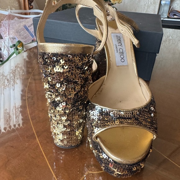 Jimmy Choo Gold Glitter sequin Heels 
Platform Pumps Sz 39.5 - Picture 11 of 16